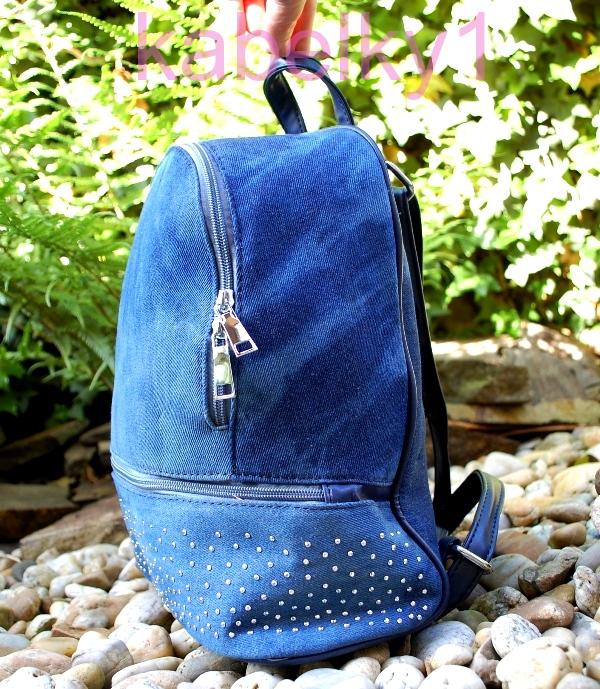 Kabelka modrá džínsová riflová strieborné nity ruksak