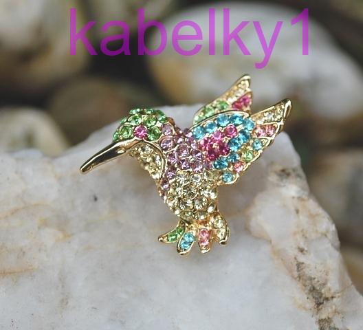 Brošňa MONA kolibrík mint modrá zlatistá ružová farba brúsené sklo