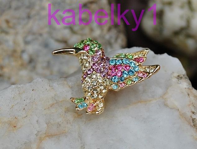 Brošňa MONA kolibrík mint modrá zlatistá ružová farba brúsené sklo