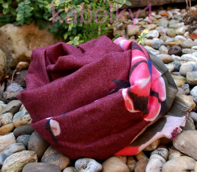 Šál bordový smotanový lososový zelený modrý kvety