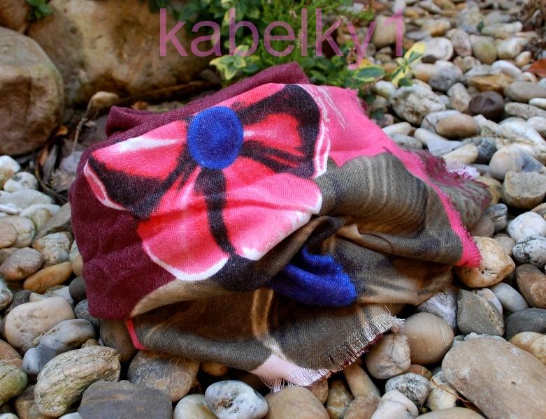 Šál bordový smotanový lososový zelený modrý kvety