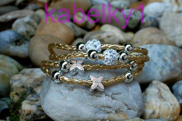 Náramok MONA pletená šnúrka zlatá farba strieborné guličky brúsené sklo