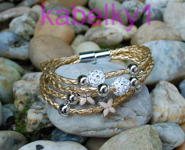 Náramok MONA pletená šnúrka zlatá farba strieborné guličky brúsené sklo