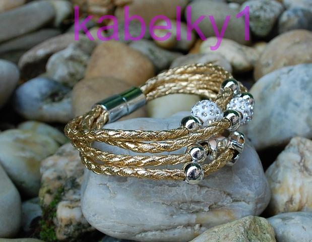 Náramok MONA pletená šnúrka zlatá farba strieborné guličky brúsené sklo