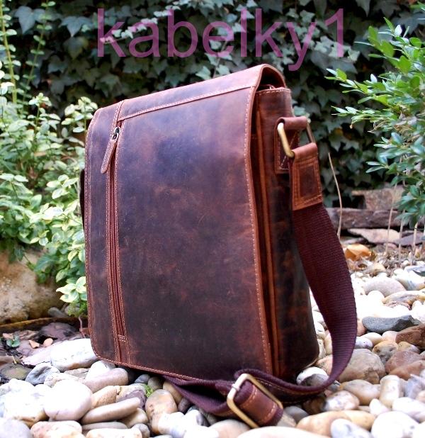 Panská hnedá melírovaná taška kožená crossbody tmavé kovanie brúsená koža veľká
