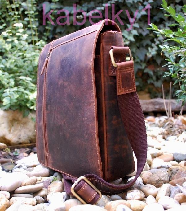 Panská hnedá melírovaná taška kožená crossbody tmavé kovanie brúsená koža veľká