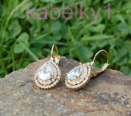 Náušnice slzy zlatá farba brúsené číre sklo 