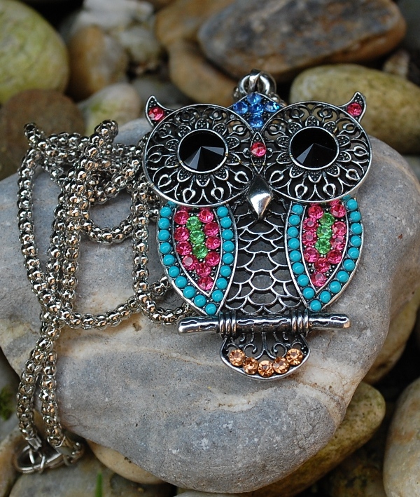Náhrdelník retiazka sova strieborná farebné kamienky