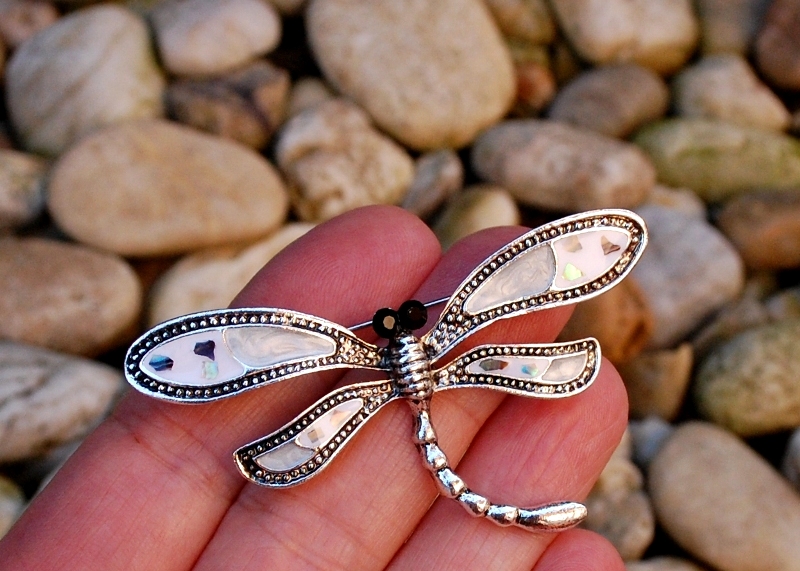 Brošňa strieborná zrkadlová vážka biele strieborné krídla čierne očká