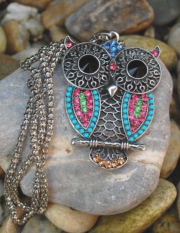 Náhrdelník retiazka sova strieborná farebné kamienky