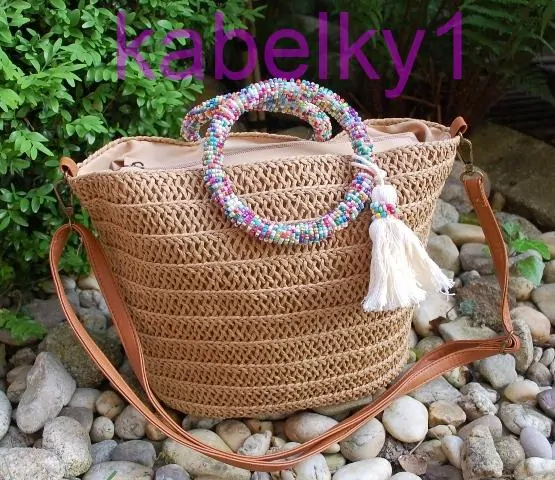 Kabelka krémová špagátová pletená s farebnými rúčkami