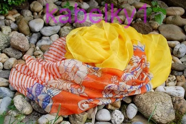 Šál luxusný hodvábny žltý oranžový modrý