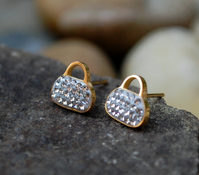 Náušnice kabelky MONA z chirurgickej ocele biely podklad brúsené sklo zlaté