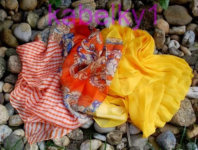 Šál luxusný hodvábny žltý oranžový modrý