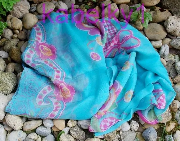 Šál krásne kvety modrá mint mentolová biela ružová