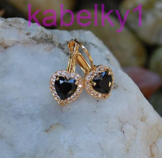 Náušnice srdiečka čierne zlatá farba brúsené sklo 