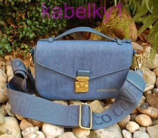 Kabelka modrá denim široké ramienko zlaté kovanie