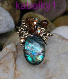 Brošňa zlatá hnedá zelená perleť vintage