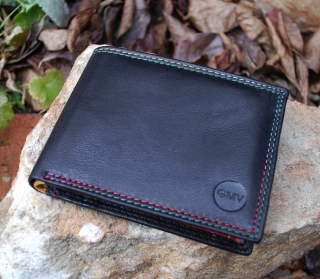 Čierna pánska peňaženka červené modré prešívanie luxusná koža